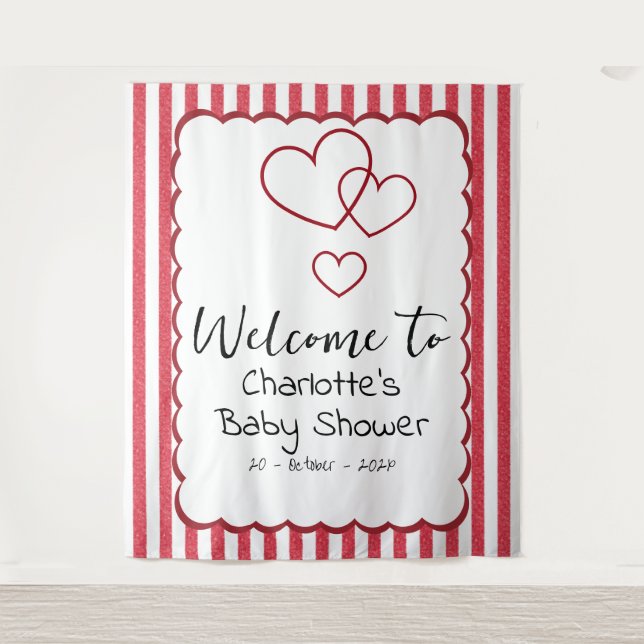 Modern Red Chalk Stripes Triple Hearts Baby Shower Tapestry (Front)