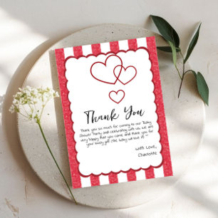 Modern Red Chalk Stripes Triple Hearts Baby Shower Thank You Card