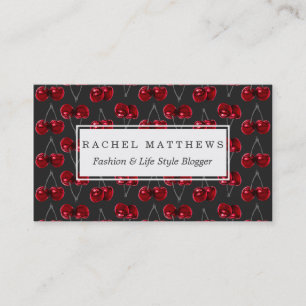 Modern Red Cherries on Charcoal Black Business Card