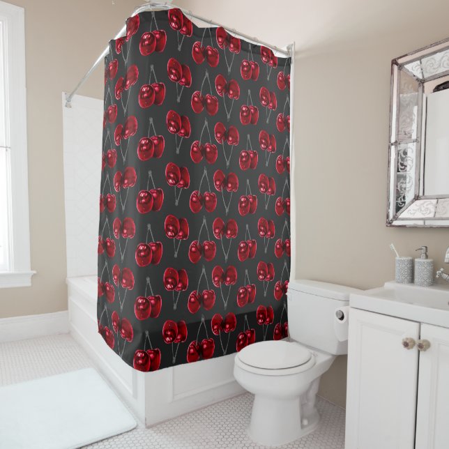 Modern Red Cherries on Charcoal Black Shower Curtain (In Situ)
