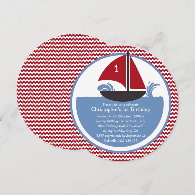 Modern Red Chevron Nautical 1st Birthday Party Invitation (Front/Back)