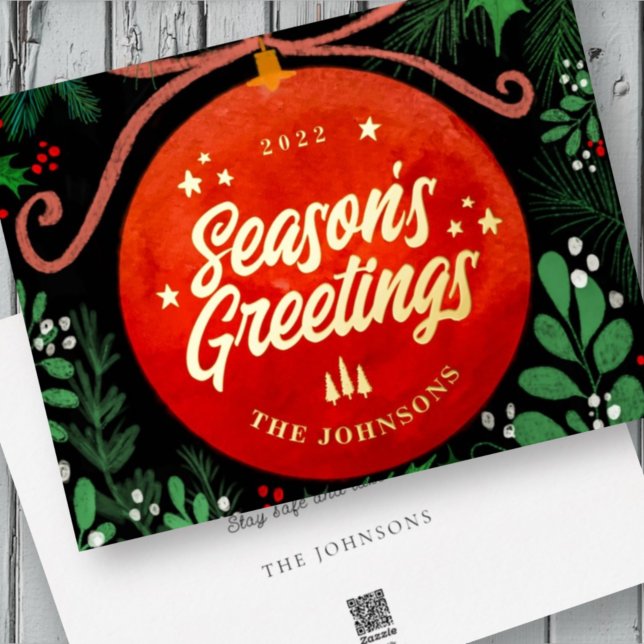 Modern Red Christmas Ball Ornament Botanical Foil Holiday Card (Creator Uploaded)