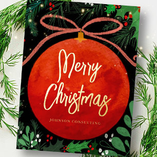 Modern Red Christmas Ball Ornament Botanical Foil Holiday Postcard