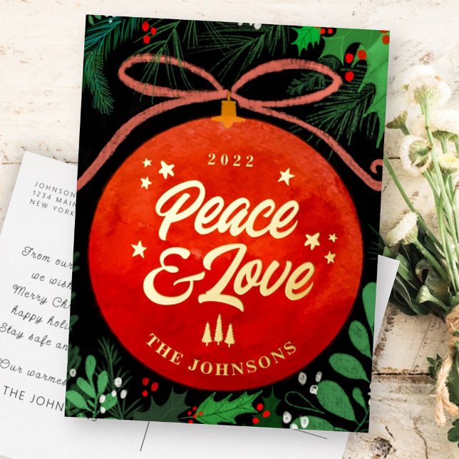 Modern Red Christmas Ball Ornament Botanical Foil Holiday Postcard (Creator Uploaded)