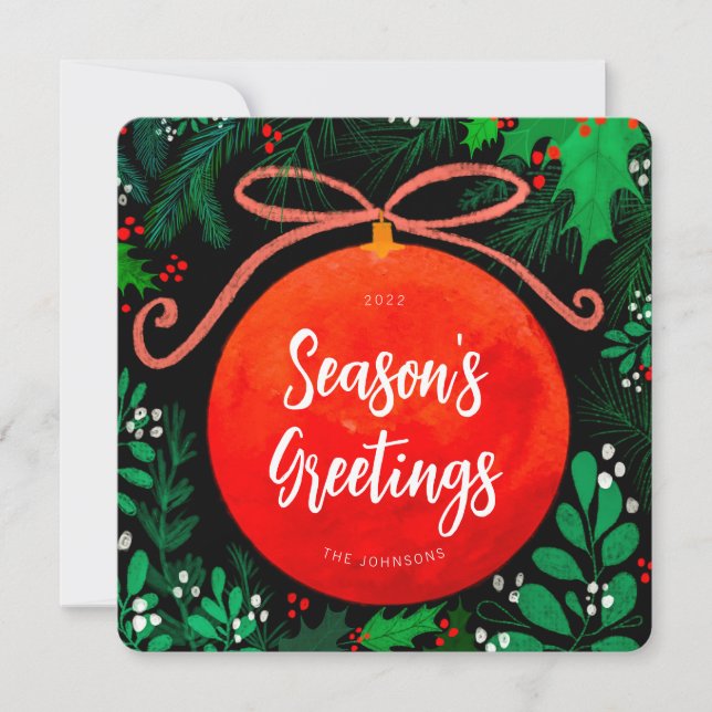 Modern Red Christmas Ball Ornament Botanical Holiday Card (Front)