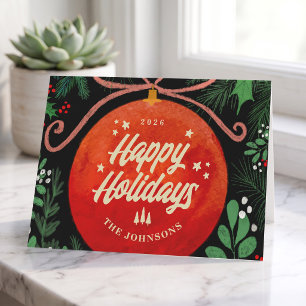 Modern Red Christmas Ball Ornament Botanical Holiday Card