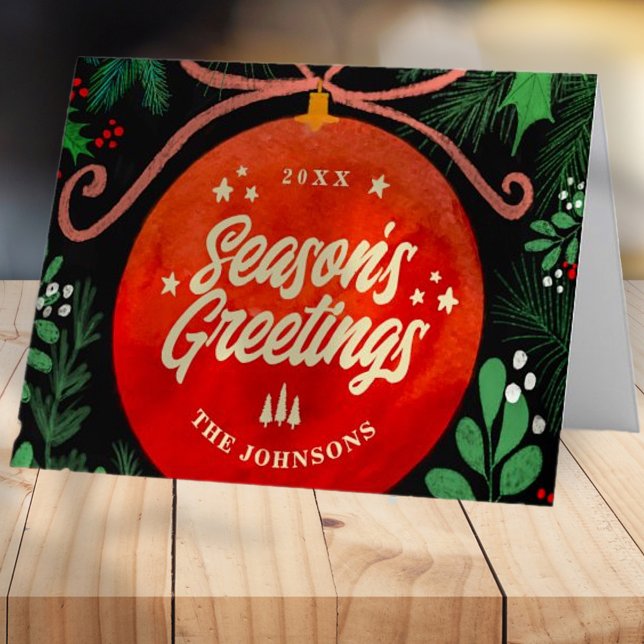 Modern Red Christmas Ball Ornament Botanical Holiday Card (Creator Uploaded)