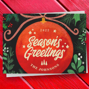 Modern Red Christmas Ball Ornament Botanical Holiday Card