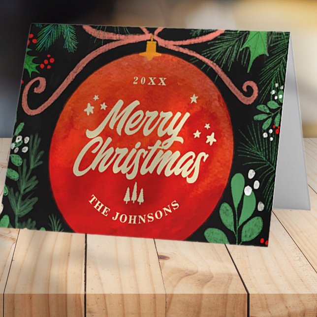 Modern Red Christmas Ball Ornament Botanical Holiday Card (Creator Uploaded)