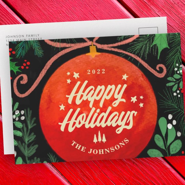 Modern Red Christmas Ball Ornament Botanical Holiday Postcard (Creator Uploaded)