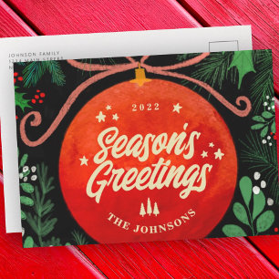 Modern Red Christmas Ball Ornament Botanical Holiday Postcard