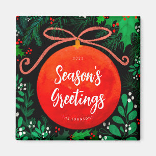 Modern Red Christmas Ball Ornament Botanical Magnet