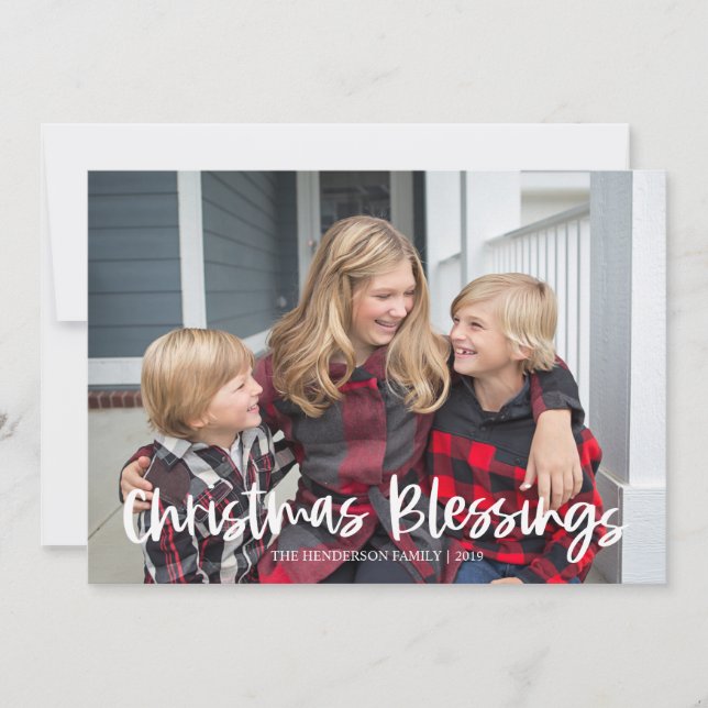 Modern Red Christmas Blessings Photo Holiday Card (Front)