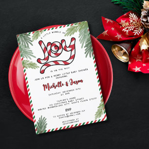 Modern Red Christmas Candy Cane Joy Baby Shower Invitation
