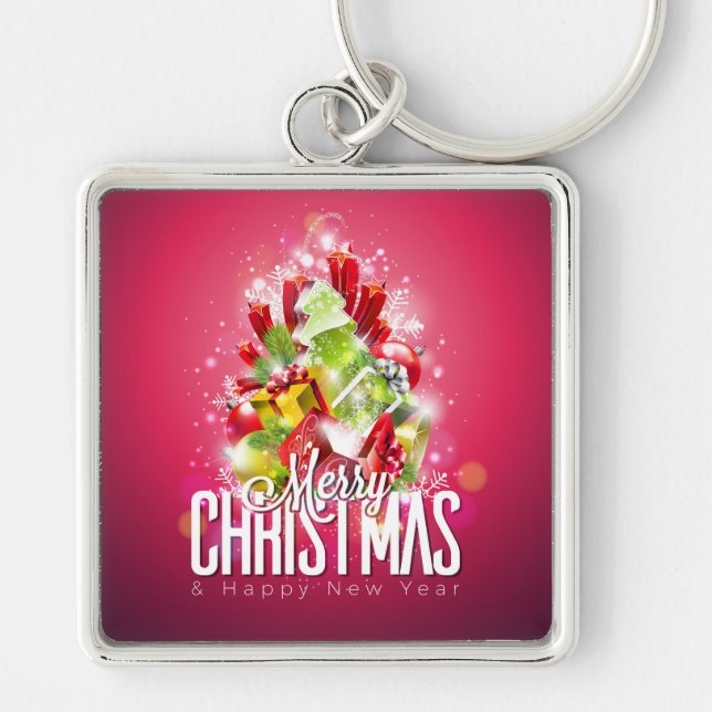 Modern Red Christmas Graphic Illustration Key Ring (Front)