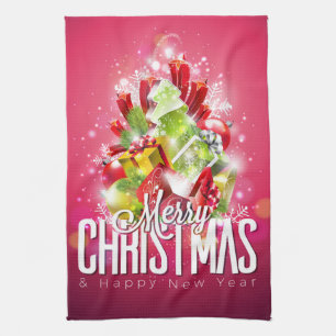 Modern Red Christmas Graphic Illustration Tea Towel