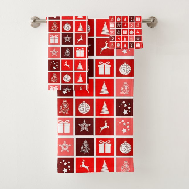 Modern Red Christmas Grid Pattern Minimalist  Bath Towel Set (Insitu)
