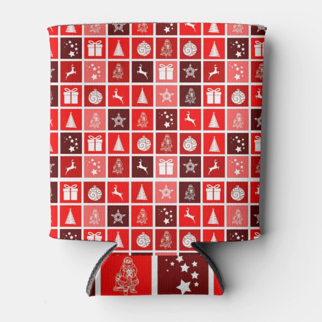 Modern Red Christmas Grid Pattern Minimalist  Can Cooler (Front)