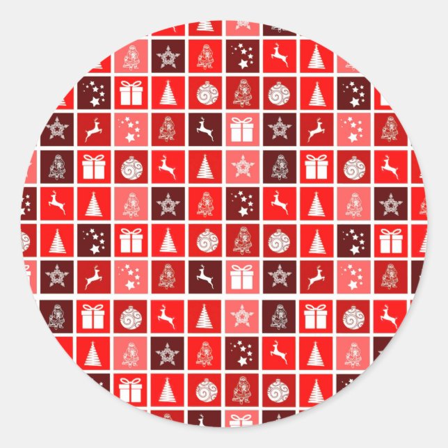 Modern Red Christmas Grid Pattern Minimalist  Classic Round Sticker (Front)