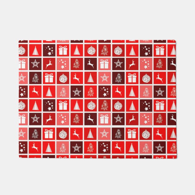 Modern Red Christmas Grid Pattern Minimalist  Doormat (Front)