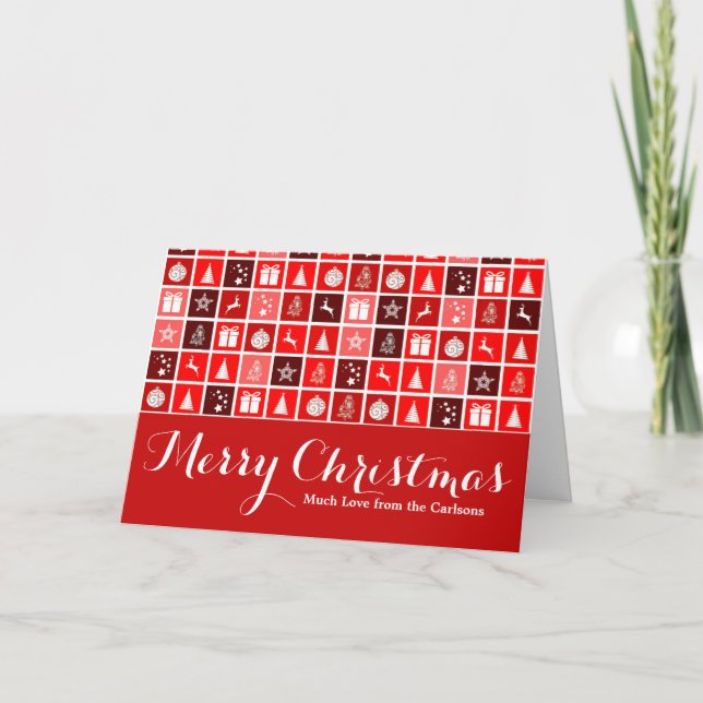 Modern Red Christmas Grid Pattern Minimalist  Holiday Card (Front)