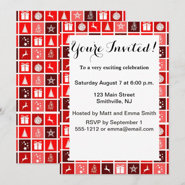 Modern Red Christmas Grid Pattern Minimalist  Invitation (Front/Back)