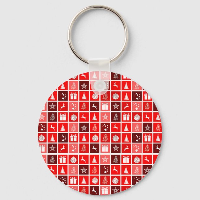 Modern Red Christmas Grid Pattern Minimalist  Key Ring (Front)