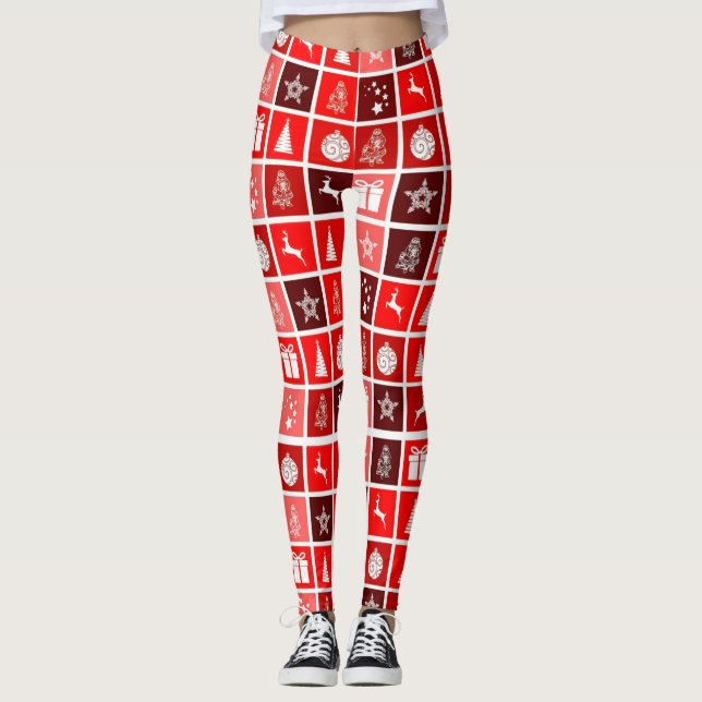 Modern Red Christmas Grid Pattern Minimalist  Leggings (Front)