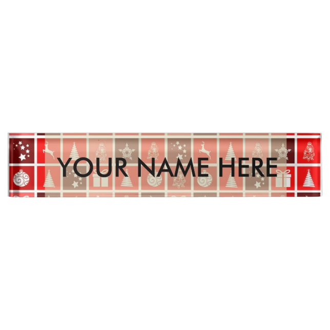 Modern Red Christmas Grid Pattern Minimalist  Nameplate (Front)