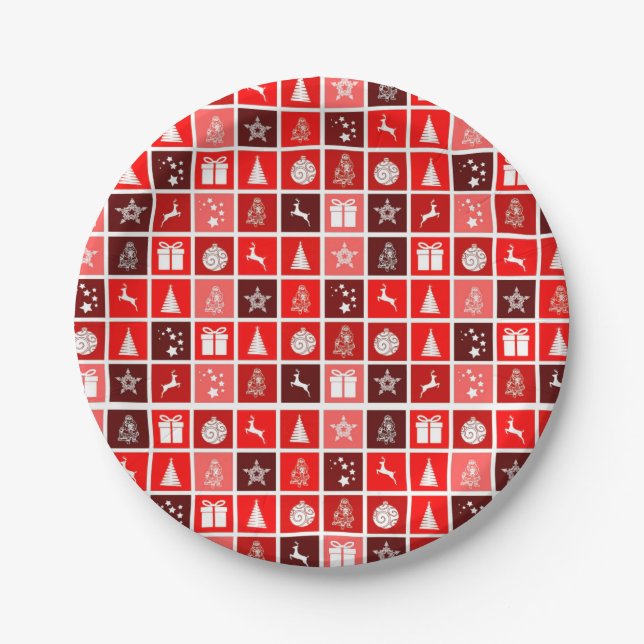 Modern Red Christmas Grid Pattern Minimalist  Paper Plate (Front)