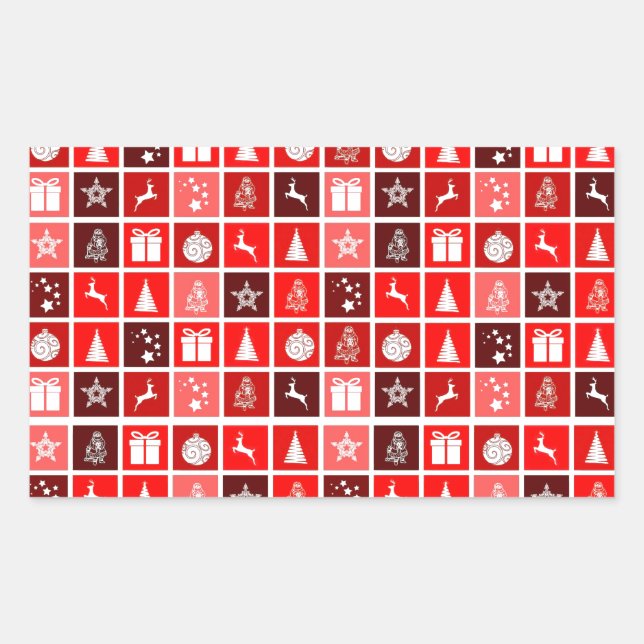 Modern Red Christmas Grid Pattern Minimalist  Rectangular Sticker (Front)