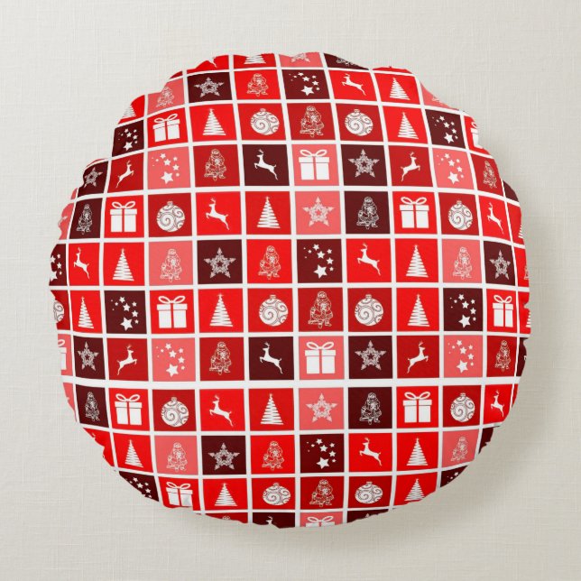 Modern Red Christmas Grid Pattern Minimalist  Round Cushion (Front)