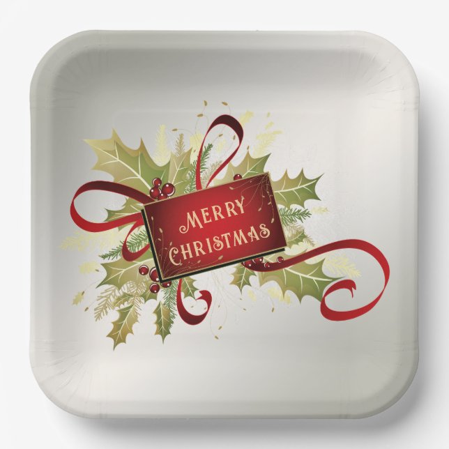 Modern Red Christmas Holiday Paper Plate (Front)