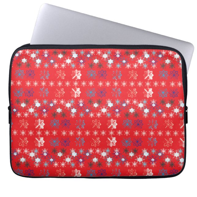 Modern Red Christmas Holiday snowflake pattern Laptop Sleeve (Front)