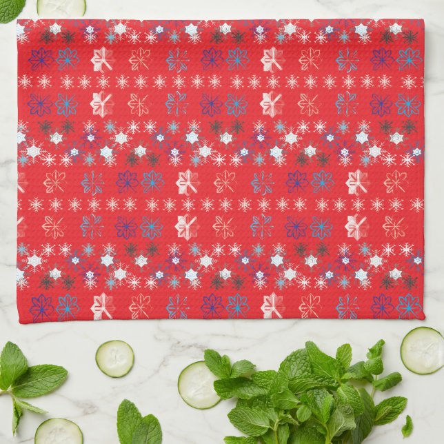 Modern Red Christmas Holiday snowflake pattern Tea Towel (Folded)