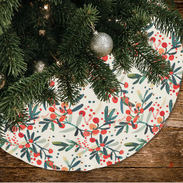 Modern Red Christmas Holly Berries Brushed Polyester Tree Skirt