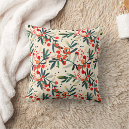 Modern Red Christmas Holly Berries Cushion