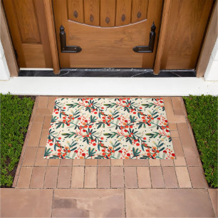 Modern Red Christmas Holly Berries Doormat