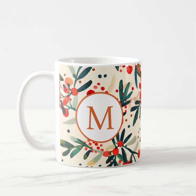 Modern Red Christmas Holly Berries Monogram Coffee Mug (Left)
