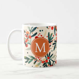 Modern Red Christmas Holly Berries Monogram Coffee Mug