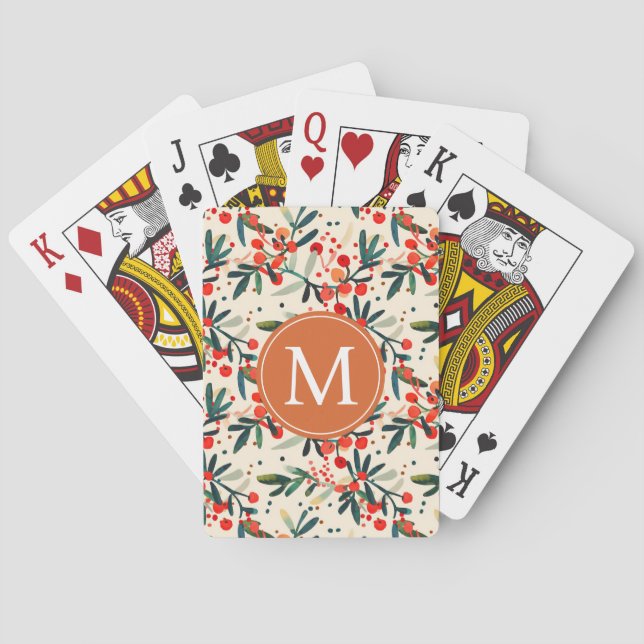 Modern Red Christmas Holly Berries Monogram Playing Cards (Back)