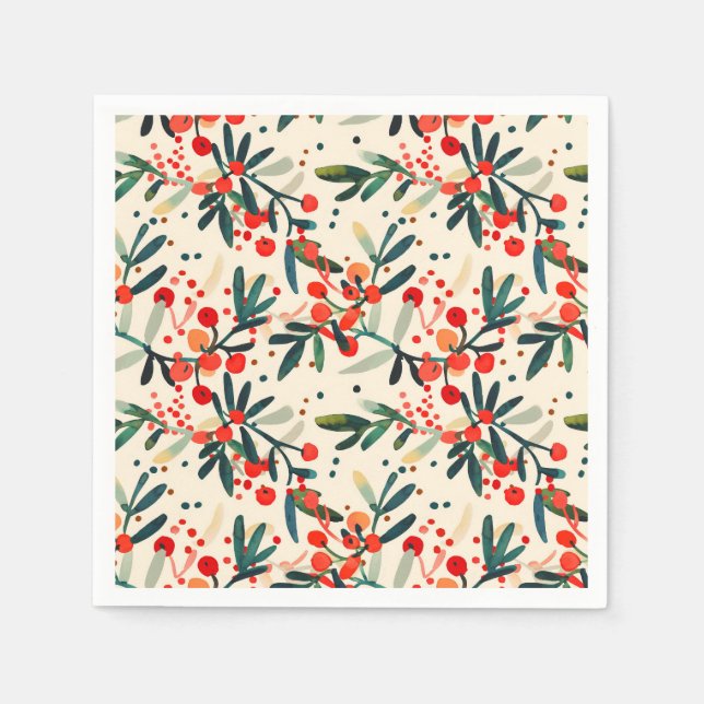 Modern Red Christmas Holly Berries Napkin (Front)