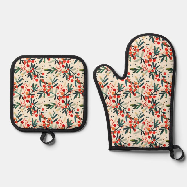 Modern Red Christmas Holly Berries Oven Mitt & Pot Holder Set (Front)