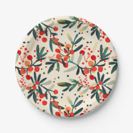 Modern Red Christmas Holly Berries Paper Plate