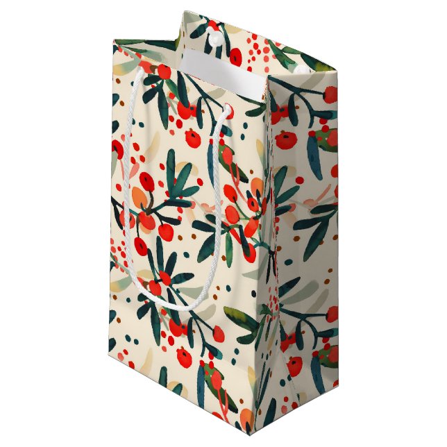 Modern Red Christmas Holly Berries Small Gift Bag (Front Angled)