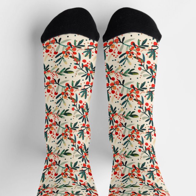 Modern Red Christmas Holly Berries Socks (Top)