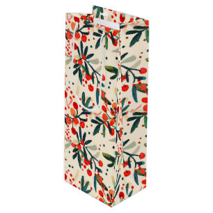 Modern Red Christmas Holly Berries Wine Gift Bag