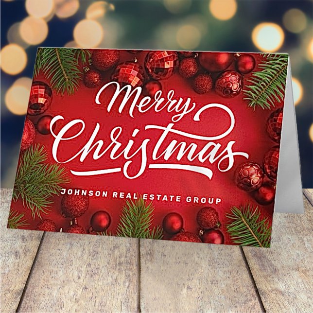 Modern Red Christmas Ornaments and Green Pine Holiday Card (Creator Uploaded)