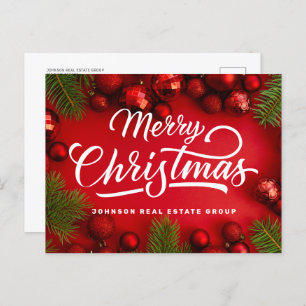 Modern Red Christmas Ornaments and Green Pine Holiday Postcard