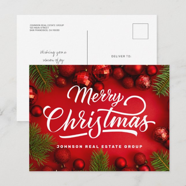 Modern Red Christmas Ornaments and Green Pine Holiday Postcard (Front/Back)